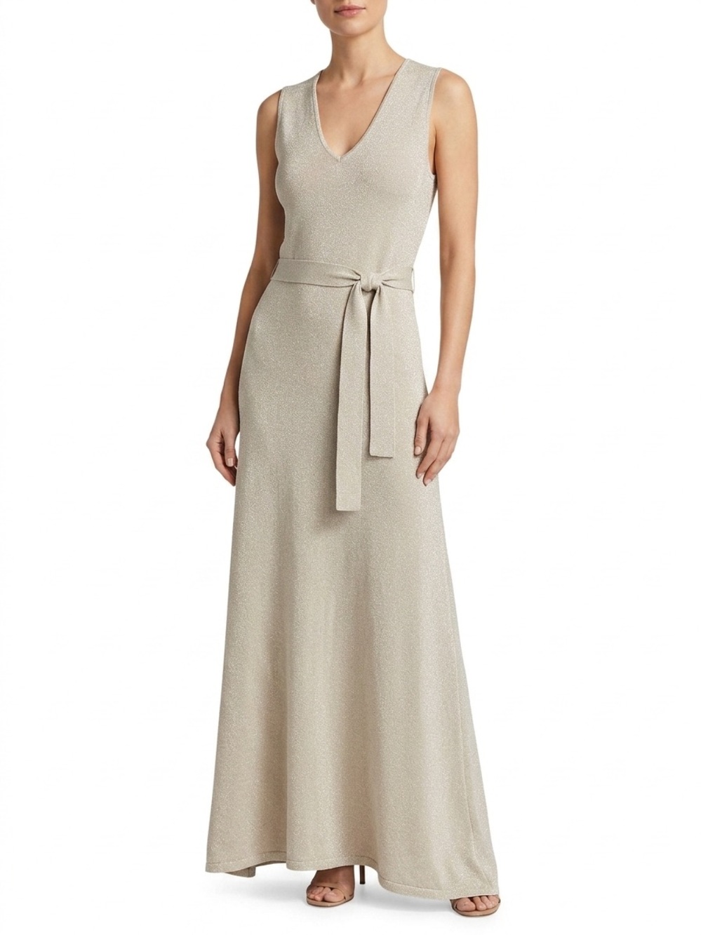 Ann Taylor Sleeveless V-Neck Maxi Dress in Light Beige and Metallic Gold